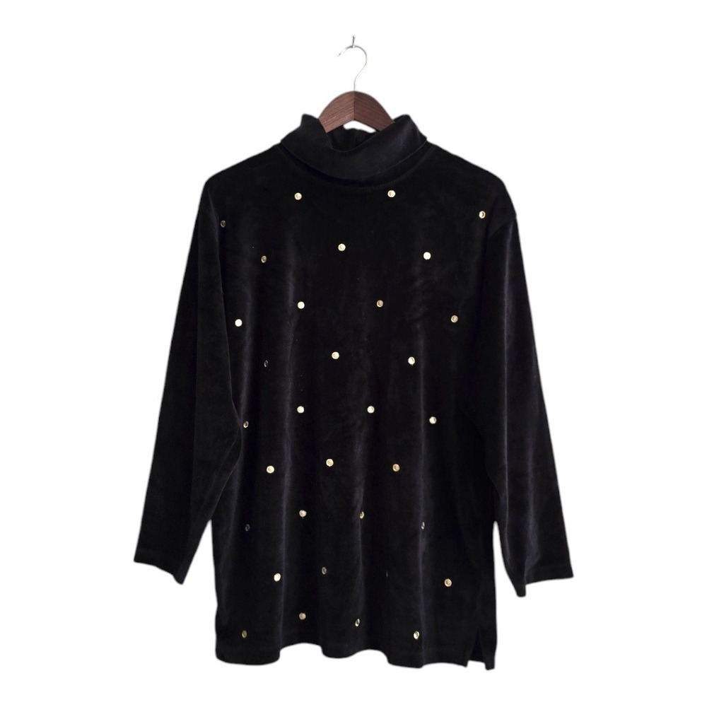 Talbots Vintage Black & Gold Dot Velour Tunic Turtleneck Sz L